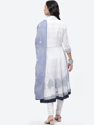 Biba Women White Ethnic Motifs Embroidered Pleated Thread Work Pure Cotton Kurta with Churidar & With Dupatta - Distacart