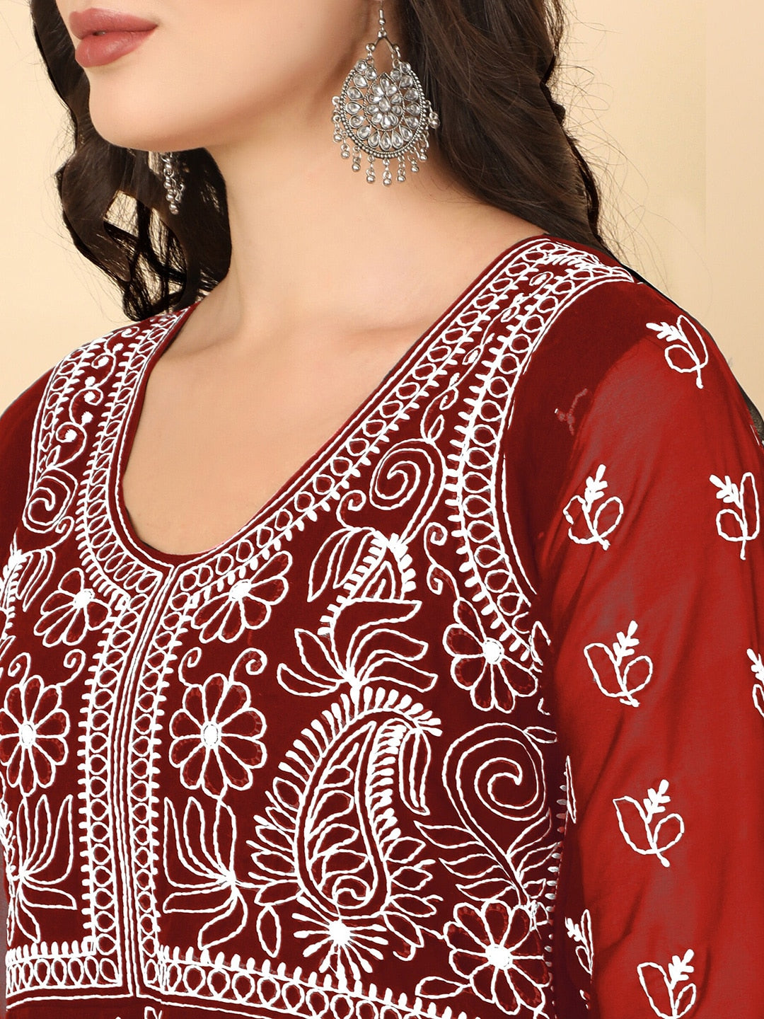 HERE&NOW Scoop Neck Chikankari Embroidered Thread Work Georgette Anarkali Kurta - Distacart