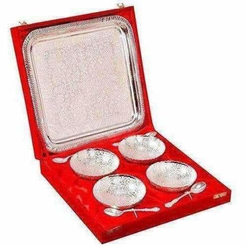 Silver Plated Brass Bowl Set with Tray - Pack of 9 - Distacart