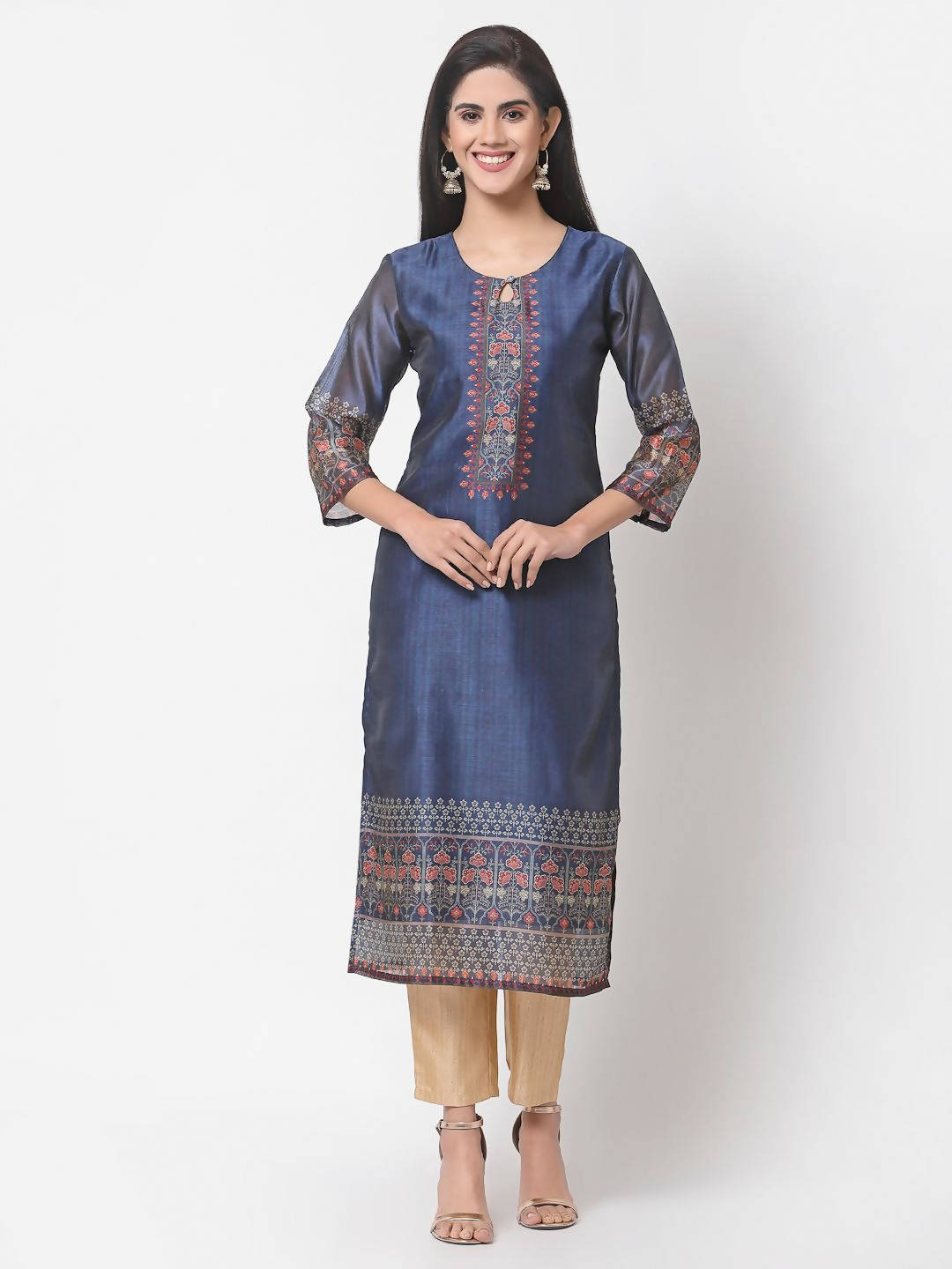 Myshka Navy Blue Printed Chanderi Silk 3/4 Sleeve Round Neck Casual Kurta