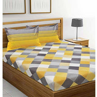 Thumbnail for Cotton Double Bedsheet with 2 Pillow Covers - Yellow and Grey - Distacart