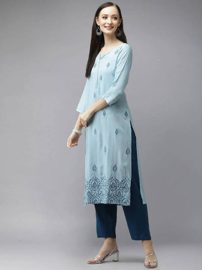 Yufta Women Blue Embroidered Thread Work Kurta with Palazzo & With Dupatta