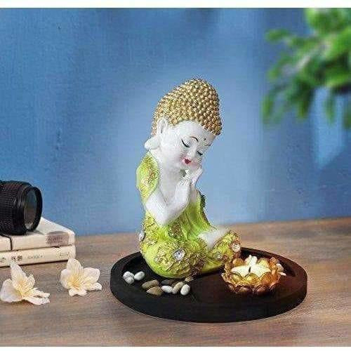 Multi - Color Handmade Buddha Showpiece and Stones On Wooden Tray - Distacart