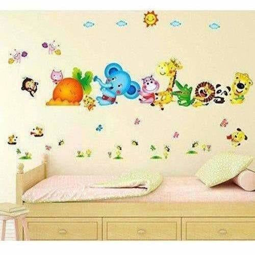 Happy Cute Elephant Monkey Cartoon Animals  Wall Sticker - Distacart