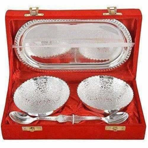 Handmade Silver Plated Brass Bowl with Tray - Set of 5 Pieces - Distacart