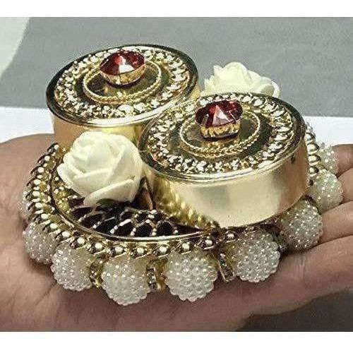 Haldi Kumkum Box Elegant with Lids - Decorated with Flowers - Colored Crystals - Distacart