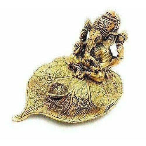 Handicraft Ganesha Sitting on Leaf with Diya Gold Plated for Home Decor - Distacart