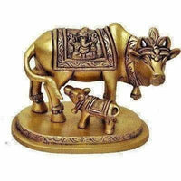 Thumbnail for Brass Holy Kamdhenu Cow and Calf Sculpture - Distacart