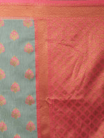 Thumbnail for Mitera Sea Green & Pink Silk Blend Woven Design Banarasi Saree - Distacart
