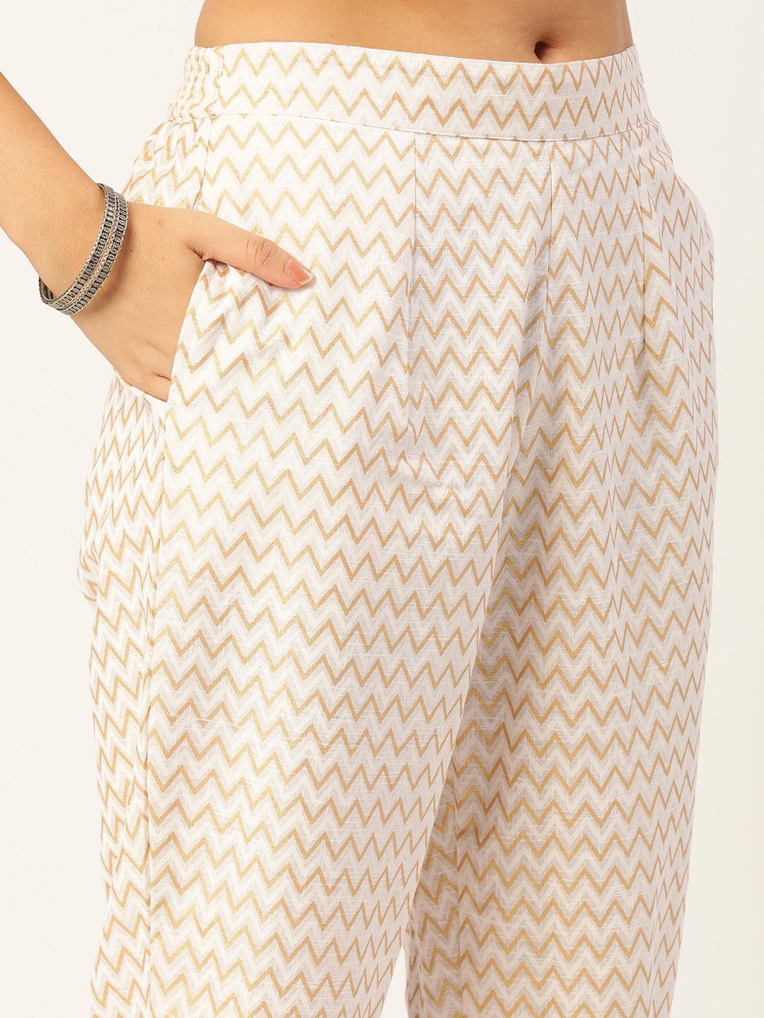 HERE&NOW Women Cream-Coloured Pleated Kurti with Trousers & With Dupatta - Distacart