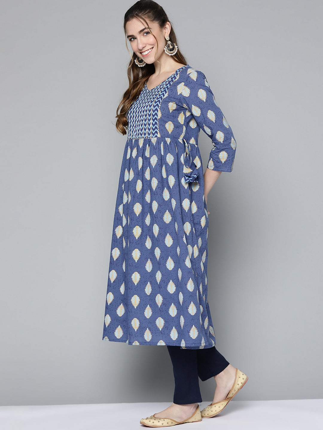 HERE&NOW Women Navy Blue & Mustard Yellow Ethnic Printed Gotta Patti Pure Cotton Kurta - Distacart