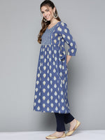 Thumbnail for HERE&NOW Women Navy Blue & Mustard Yellow Ethnic Printed Gotta Patti Pure Cotton Kurta - Distacart