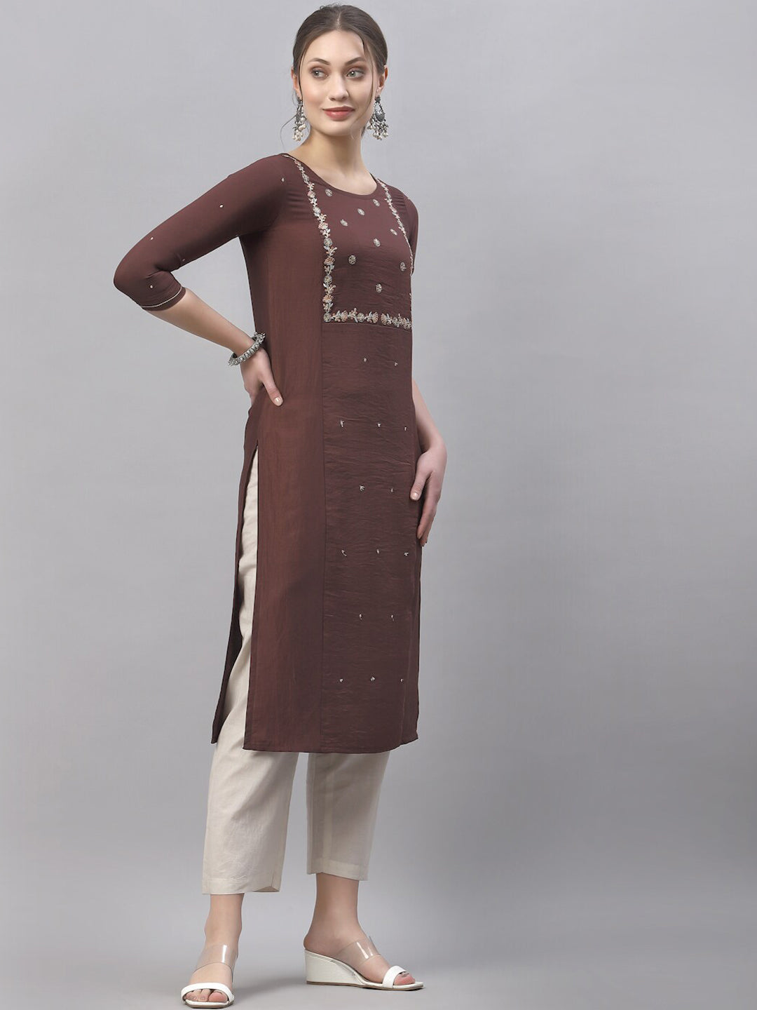 Kalini Women Brown Ethnic Motifs Embroidered Thread Work Kurta - Distacart