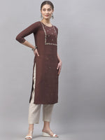 Thumbnail for Kalini Women Brown Ethnic Motifs Embroidered Thread Work Kurta - Distacart