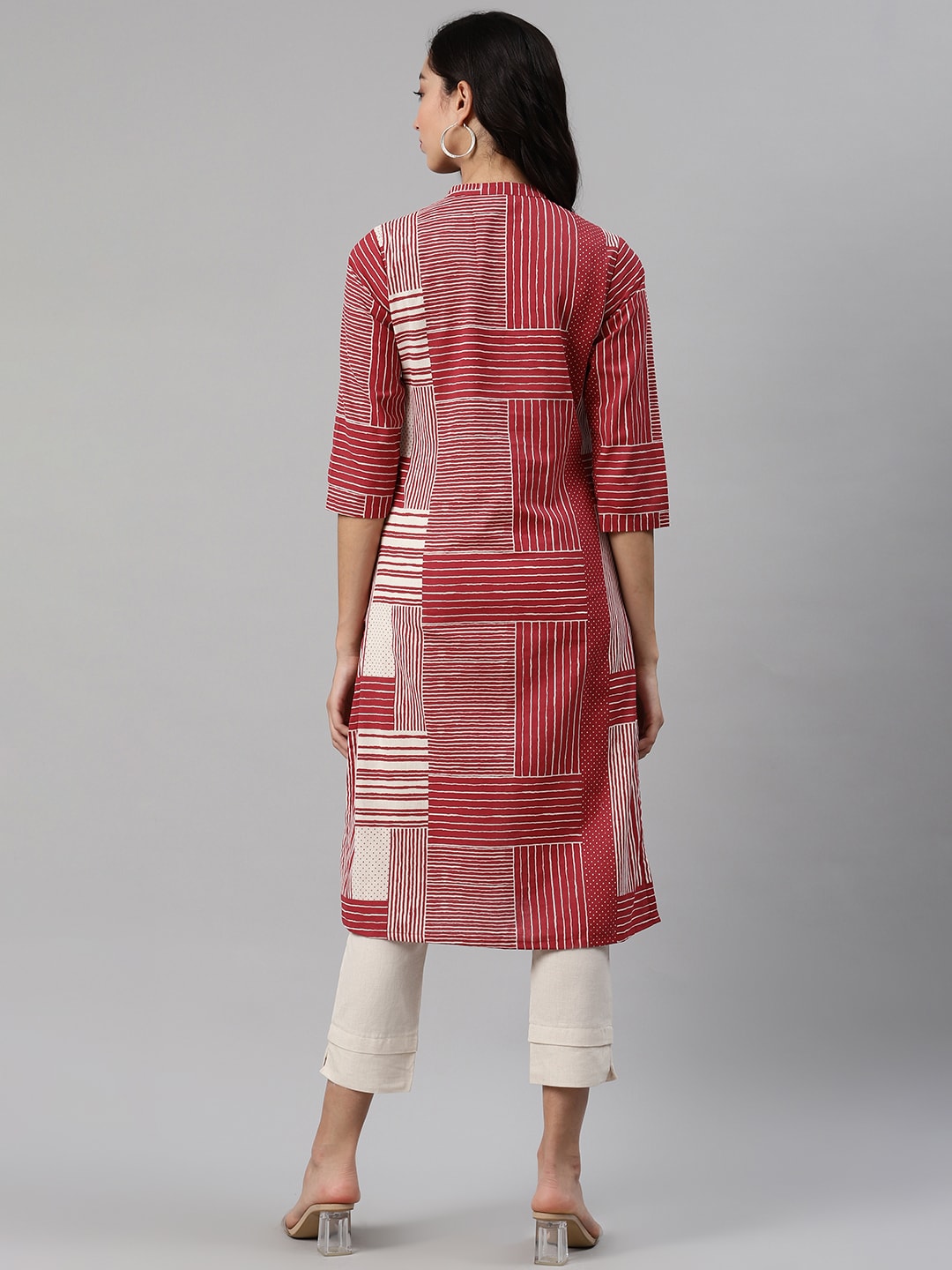 Biba Women Maroon & Off-White Striped Kurta with Trousers - Distacart