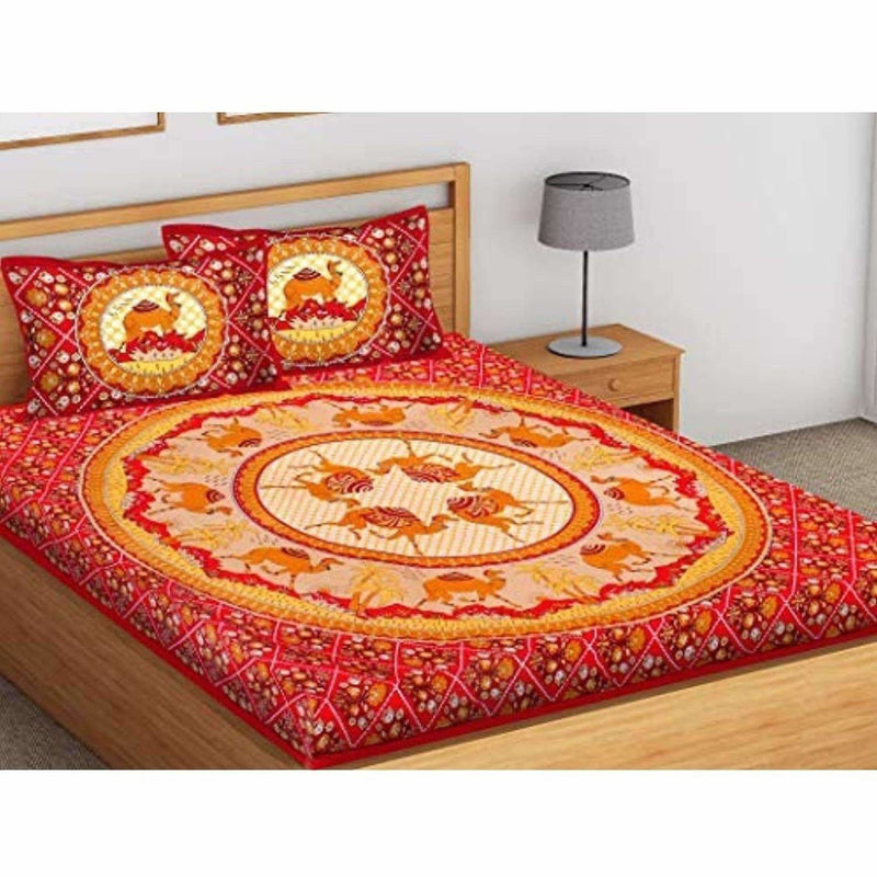 Printed Cotton King Size for Double Bedsheet with 2 Pillow Covers Red Color - Distacart