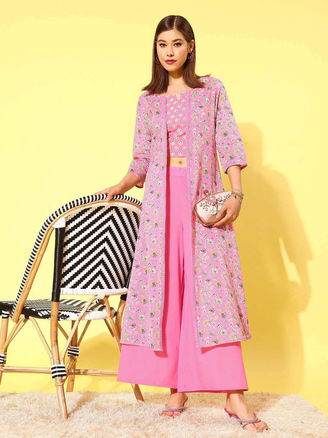HERE&NOW Women Pink Floral Printed Regular Pure Cotton Kurta with Palazzos - Distacart