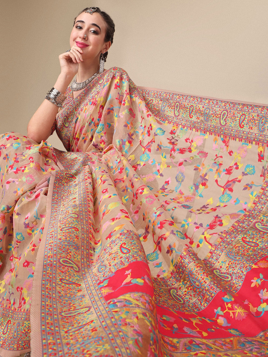 Sangria Beige & Orange Floral Woven Design Pure Silk Saree - Distacart