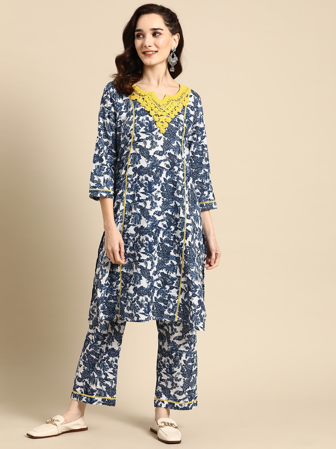 Sangria Women Navy Blue Ethnic Motifs Embroidered Detail Cotton Kurta with Trousers - Distacart