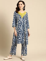 Thumbnail for Sangria Women Navy Blue Ethnic Motifs Embroidered Detail Cotton Kurta with Trousers - Distacart