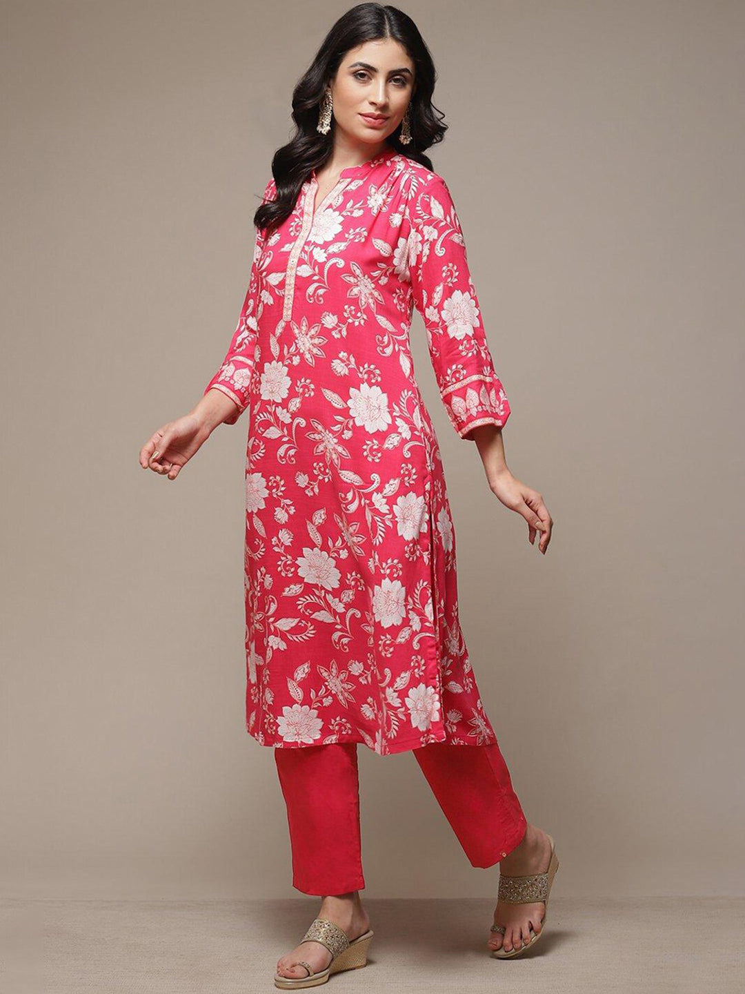 Biba Mandarin Collar Floral Printed A-Line Kurta - Distacart