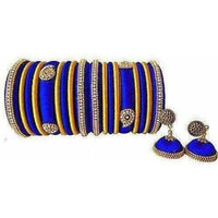 Thumbnail for Royal Blue Grand Wedding Silk Thread Bangle Set with Jhumka Ear rings - Distacart