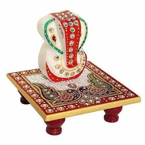 Marble Enamel Painted Ganesha Placed on Chowki (10.2 cm x 10.2 cm x 10.2 cm) - Distacart