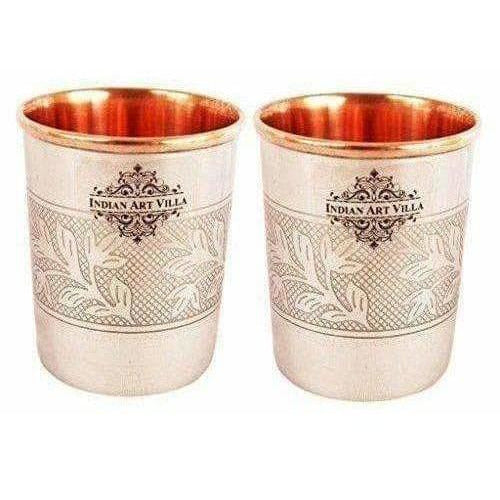 Embossed Design Steel Copper Glass Tumbler (250ml) - Set of 2 - Distacart