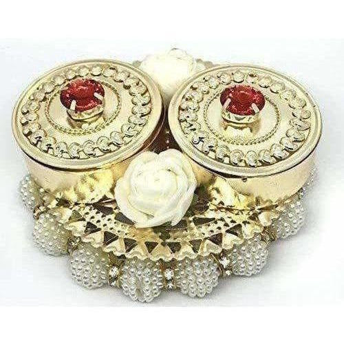 Haldi Kumkum Box Elegant with Lids - Decorated with Flowers - Colored Crystals - Distacart
