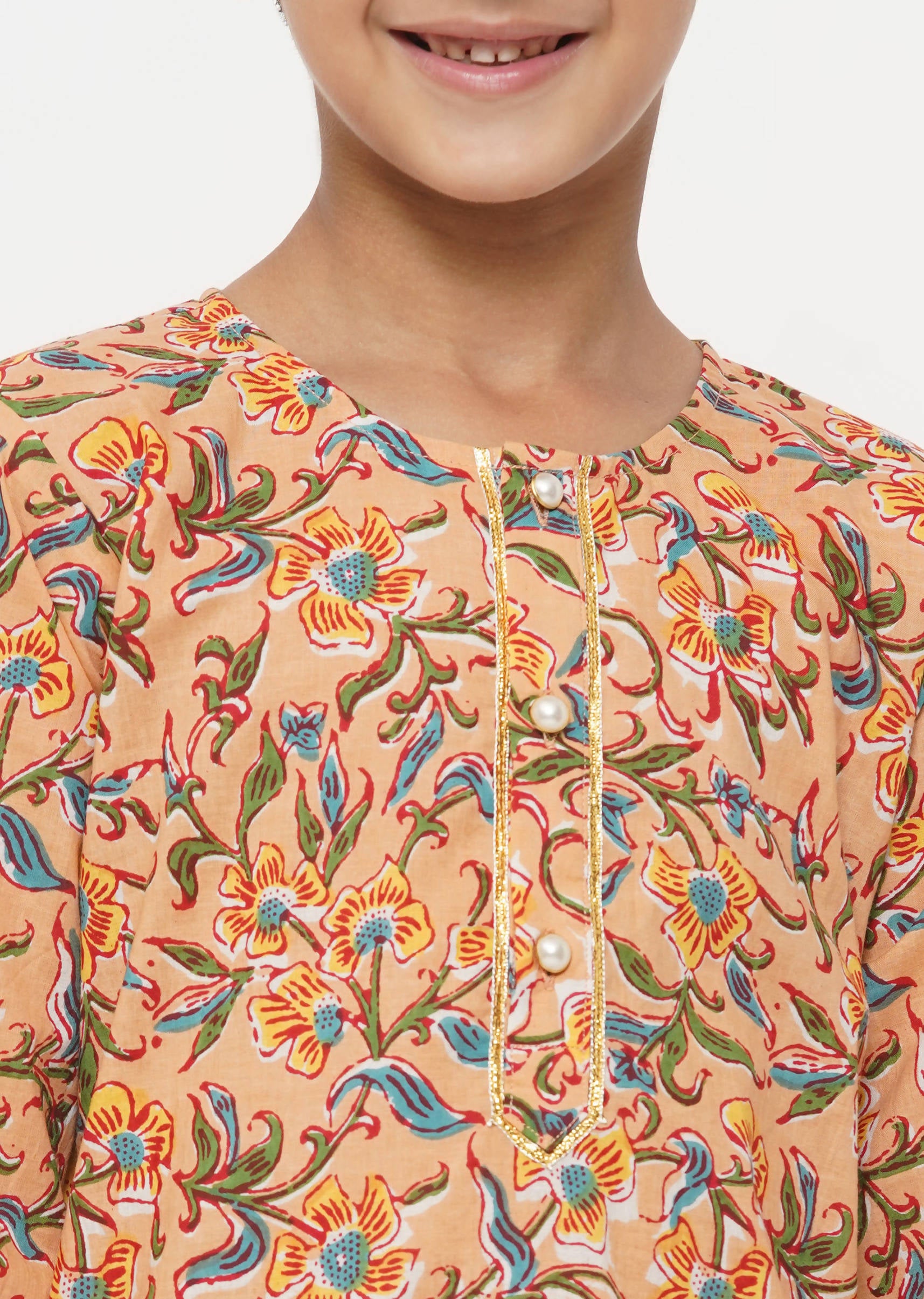 Little Bansi Cotton Block Floral Kurta with Pearl Buttons & Pyjama in Orange & Cream - Distacart