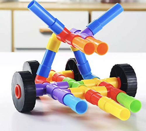 Kipa 150 Pieces Pipe Puzzle with Storage Container, Educational & Intellectual Playing Model Construction Blocks with Rolling Wheelbase - Distacart