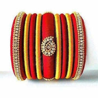 Thumbnail for Red Grand Wedding Silk Thread Bangle Set with Jhumka Ear rings - Distacart