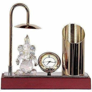 Ganesh Ji Crystal Showpiece Figurine, Classic Table Clock & Stylish Pen Stand,Brass & Stainless Steel In Gold & Silver Plating - Distacart