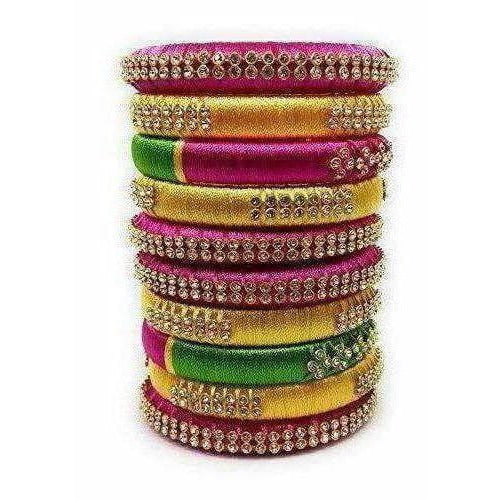 Handmade Silk Thread Colour Combination with Bangle Pink, Yellow & Green - Distacart