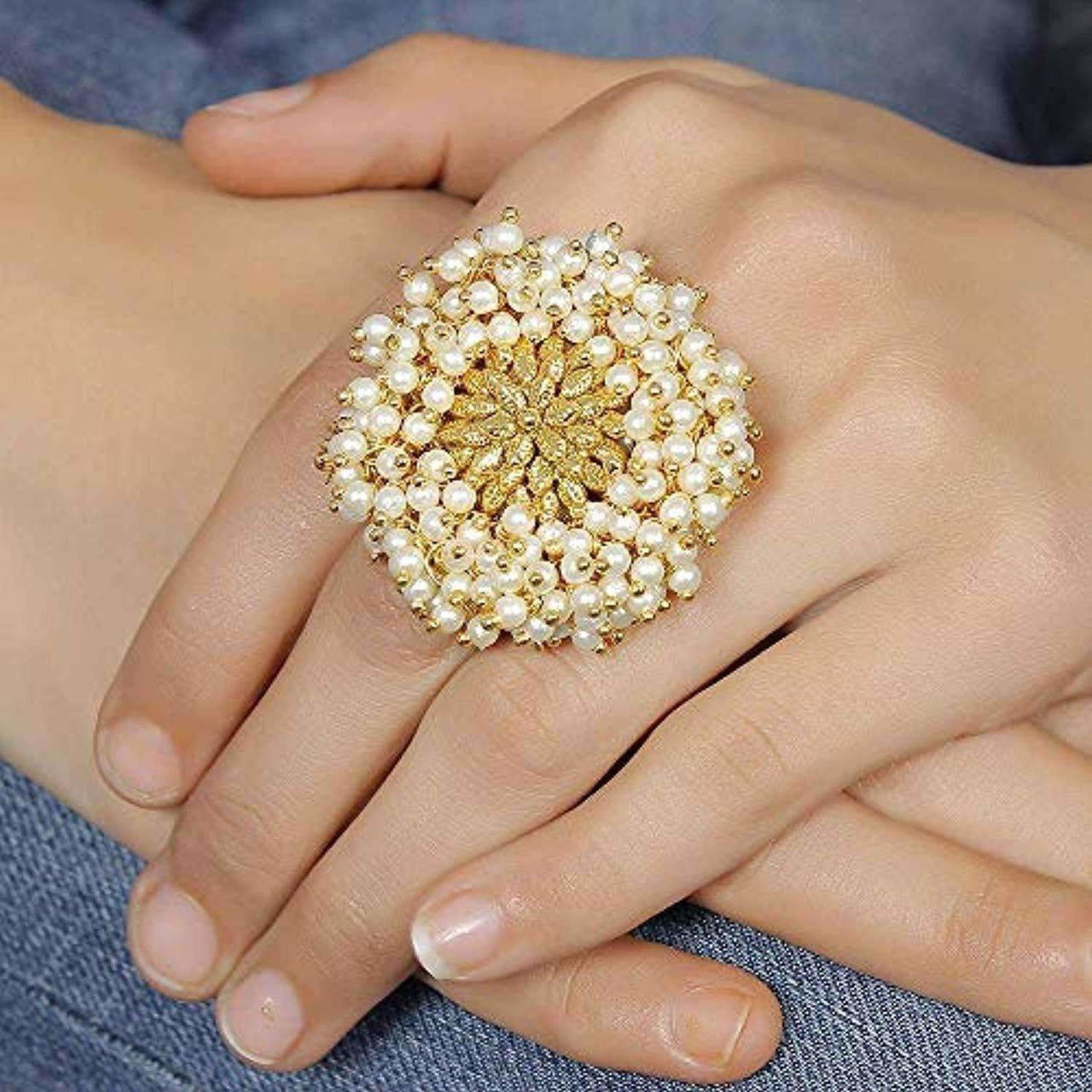 Gold Plated Pearl Beads Polki Ring - Distacart