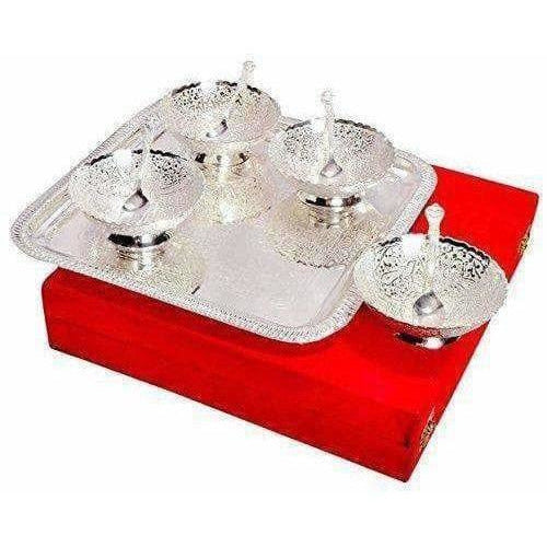 Silver Plated Brass Bowl Set with Tray - Pack of 9 - Distacart