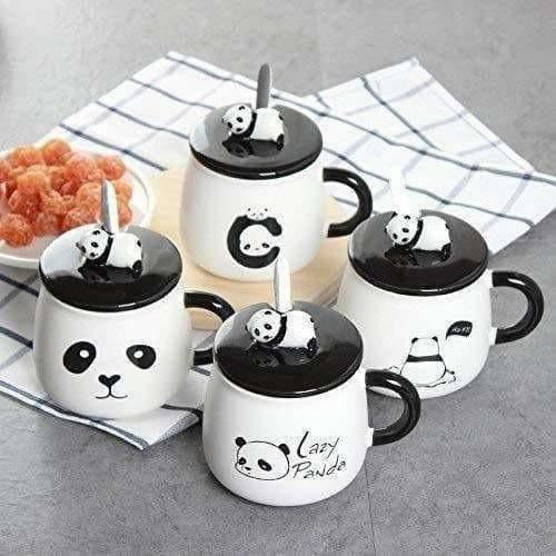 Panda Ceramic Mug with Ceramic Lid and Spoon(Random Design)-300 ML (Pack of 1) - Distacart