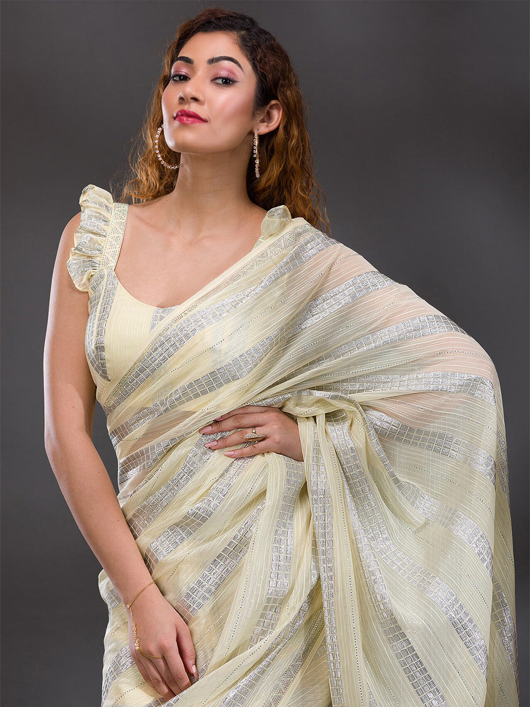 Koskii Striped Beads & Stones Shimmer Saree - Distacart