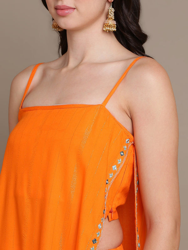 HERE&NOW Striped Mirror Work High Slit Kurta with Palazzos - Distacart