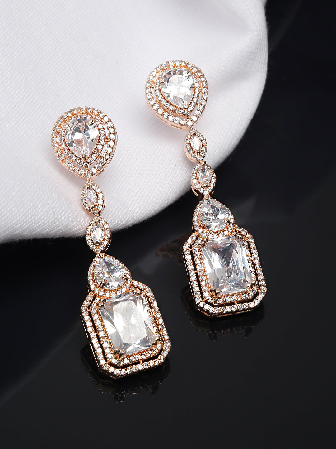 Yellow Chimes Rhodium-Plated Rose-Gold White AD-Studded Drop Earrings - Distacart