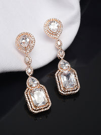 Thumbnail for Yellow Chimes Rhodium-Plated Rose-Gold White AD-Studded Drop Earrings - Distacart