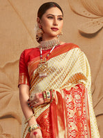 Thumbnail for Mitera Off White & Red Ethnic Motifs Zari Silk Blend Kanjeevaram Saree - Distacart