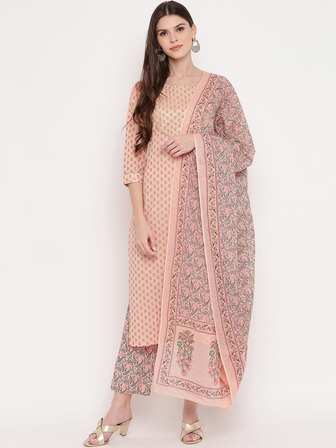 Kalini Women Peach-Coloured Ethnic Motifs Printed Panelled Gotta Patti Pure Cotton Kurta with Trousers & - Distacart