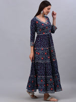 Thumbnail for Kalini Women Navy Blue Floral Printed Thread Work Indie Prints Anarkali Kurta - Distacart