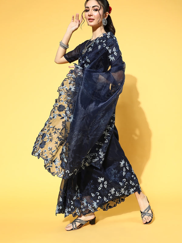 Mitera Floral Saree With Embroidered Border - Distacart