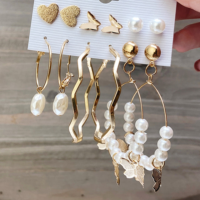Gold-Plated Alloy Set Of 6 Designer Earrings - The Pari - Distacart