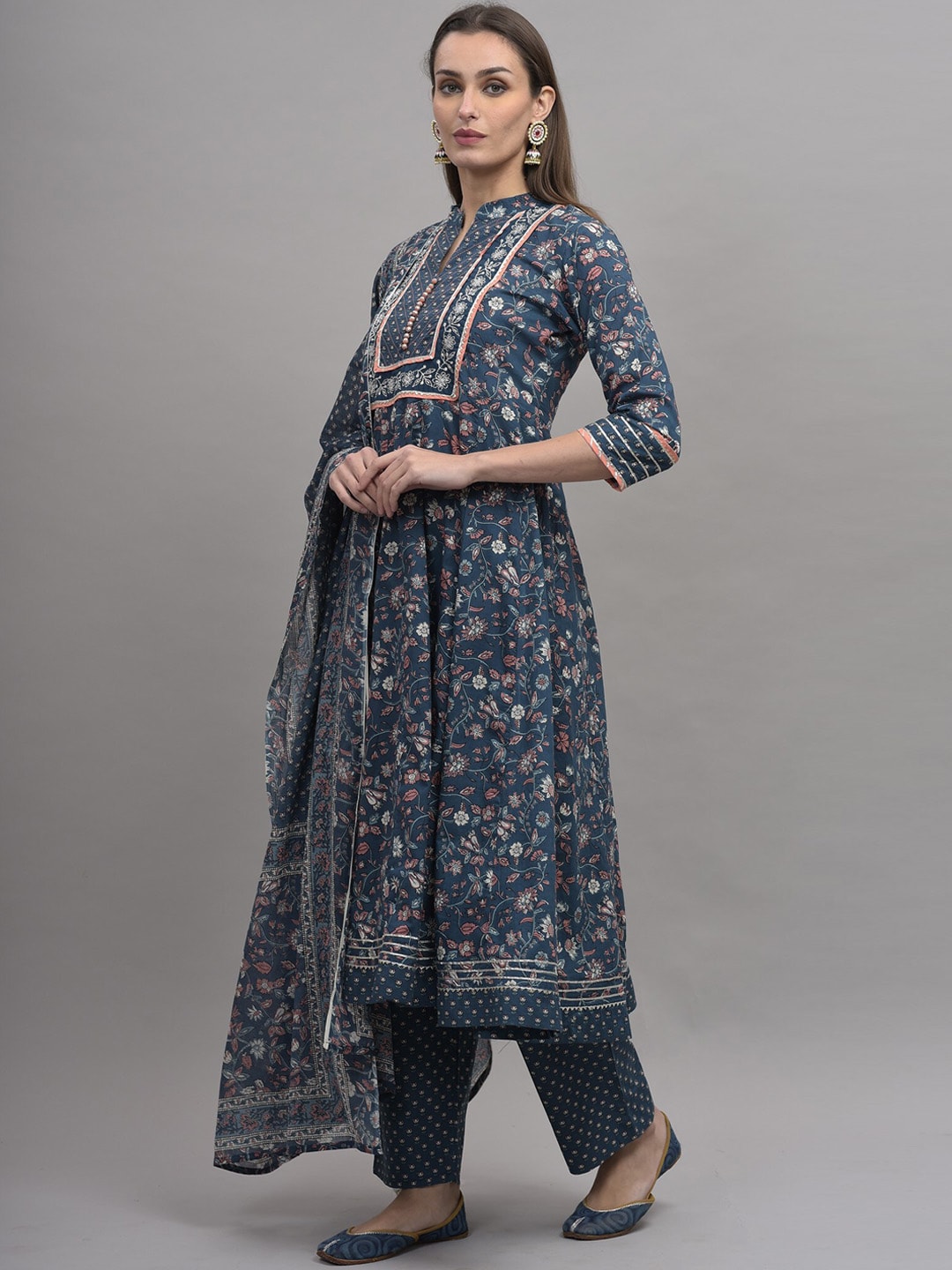 Kalini Women Blue Ethnic Motifs Printed Pure Cotton Kurta with Trousers & Dupatta - Distacart