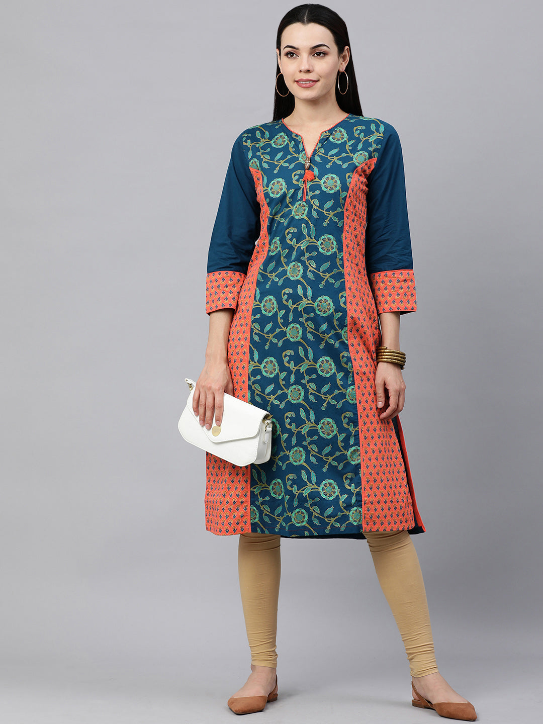 Kalini Women Navy Blue & Orange Ethnic Printed Pure Cotton Kurta - Distacart