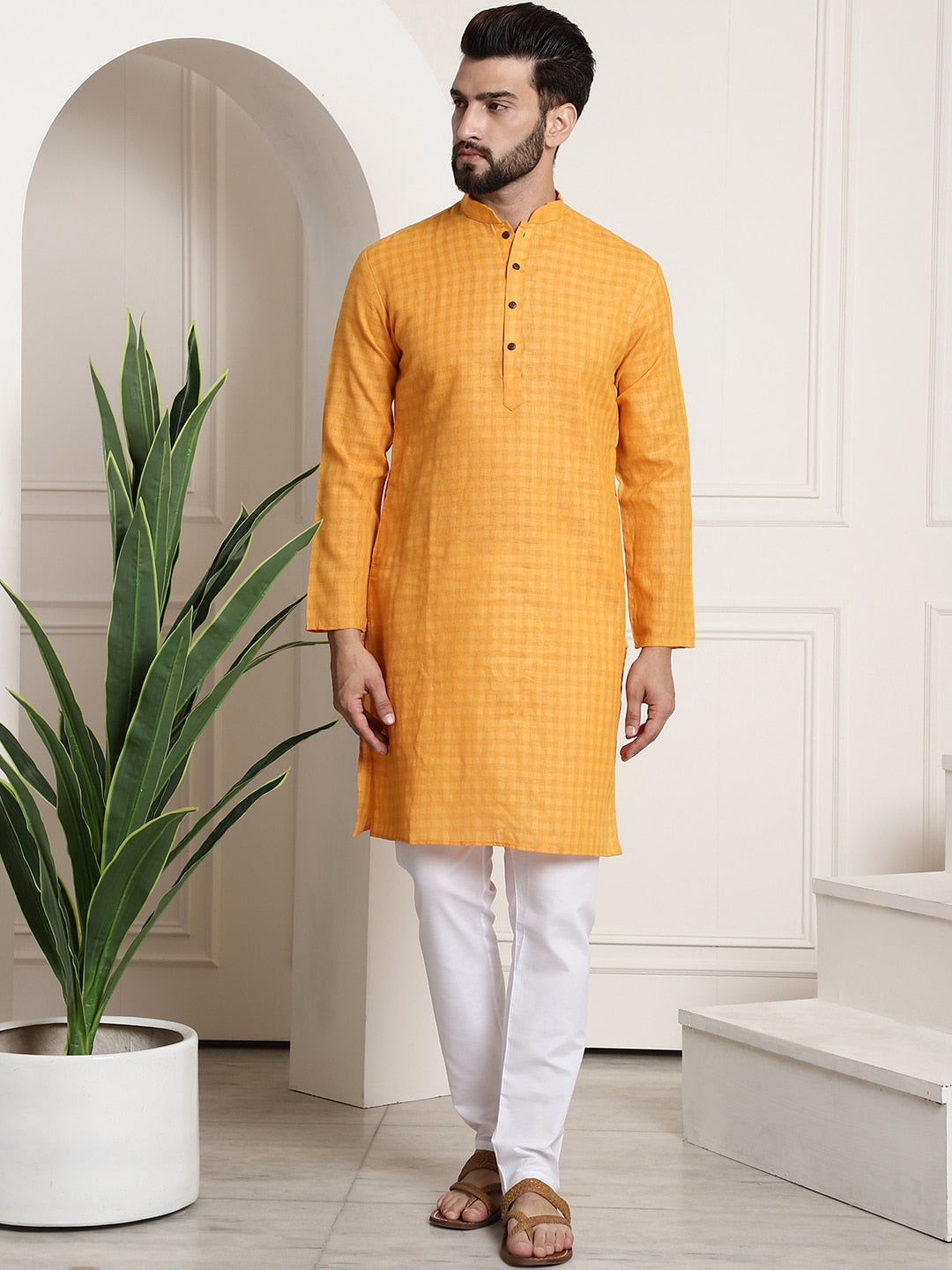 Sojanya Men Mustard Yellow Dobby Self-Checked Straight Kurta - Distacart