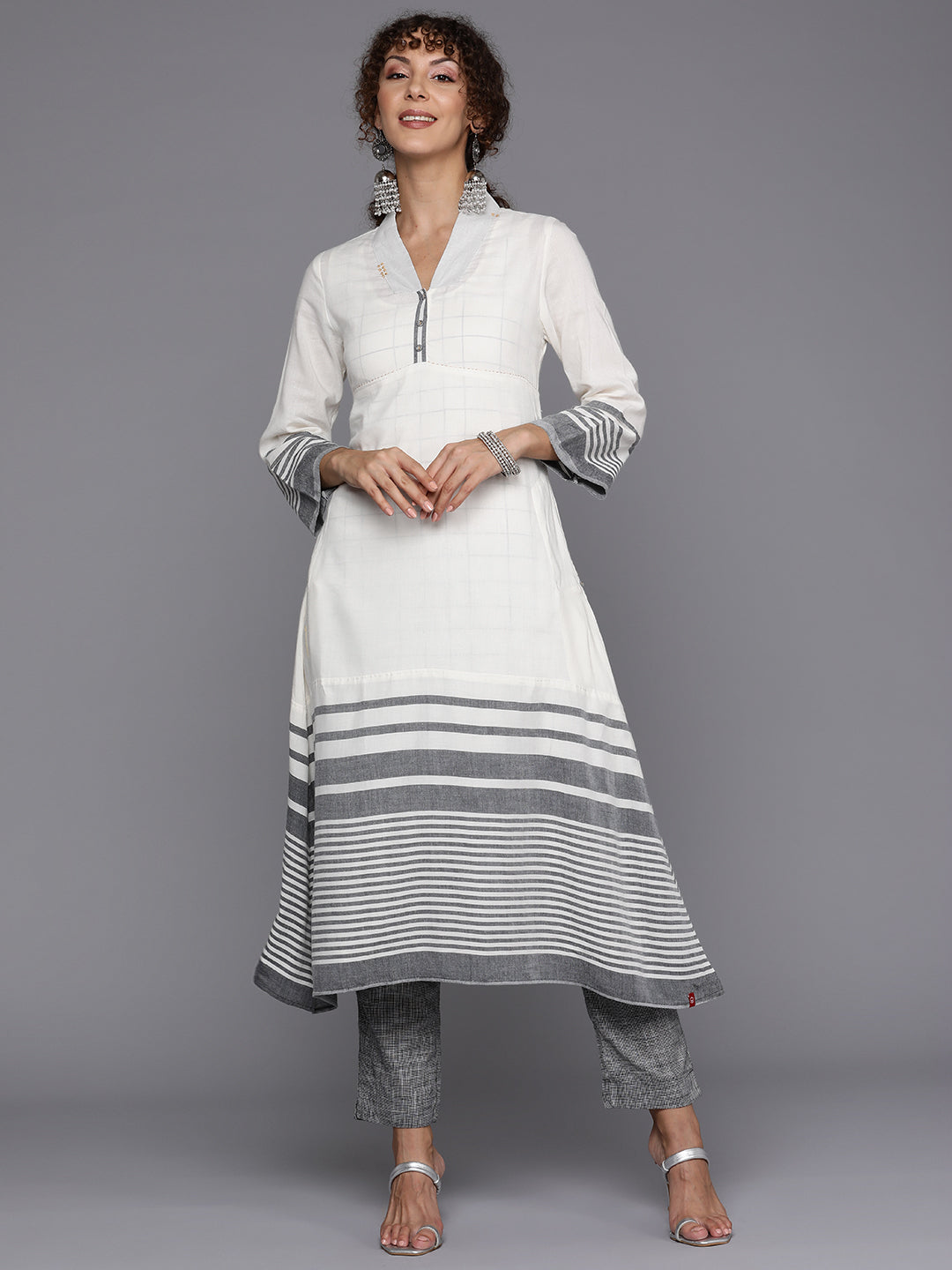 Biba Women Striped Layered Cotton Kurta with Trousers - Distacart